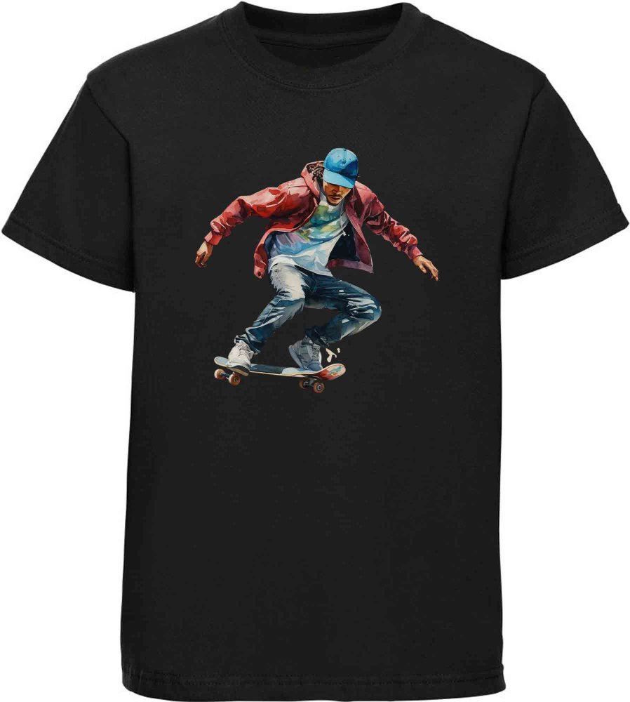 Printed Kids T-Shirt Jumping Skateboarders in Oil Paint Look